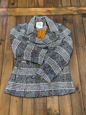 Maralyn & Me Black & White Plaid Double-Breasted Peacoat - Size Small